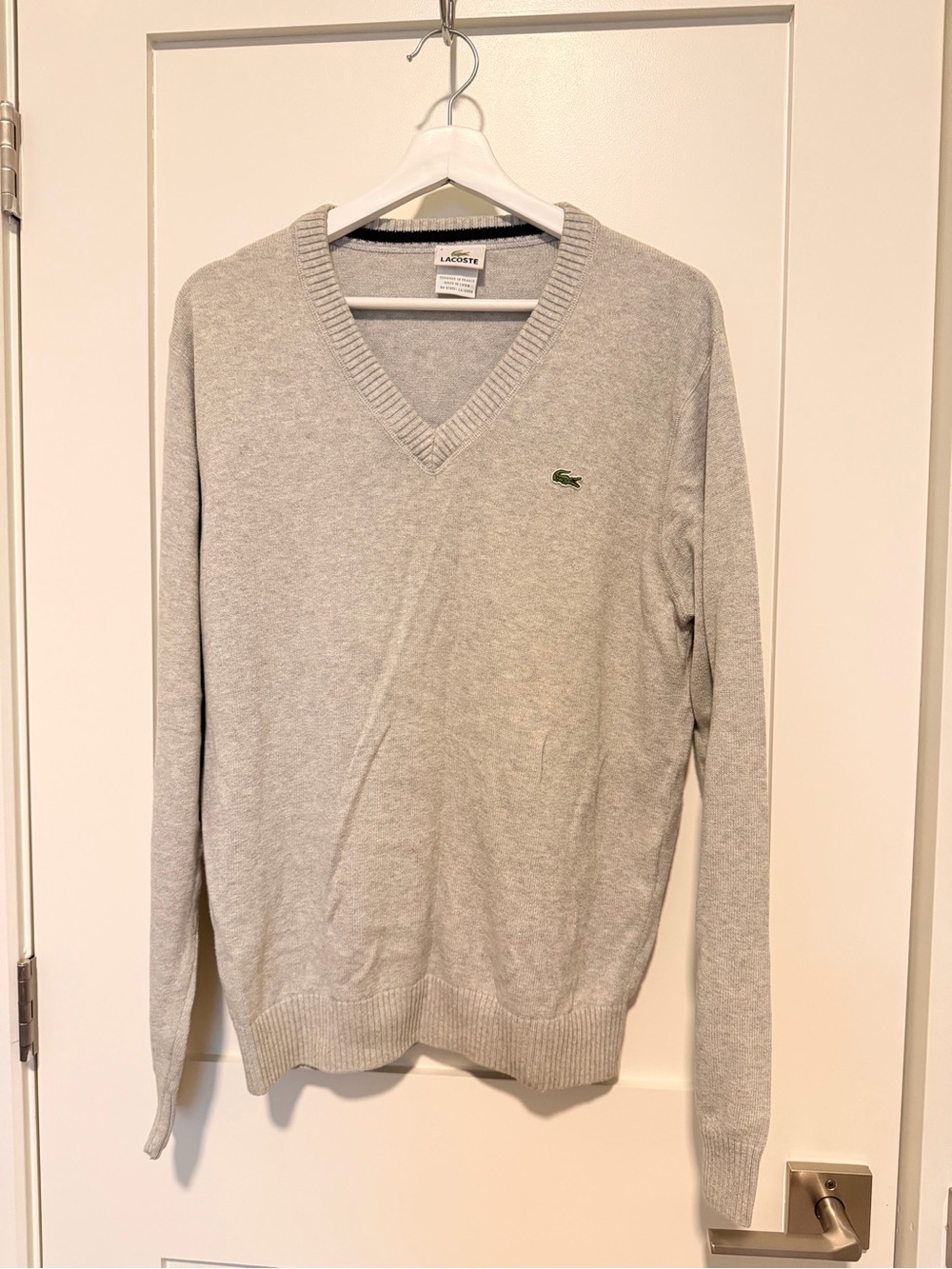 Lacoste Men's Light Gray V-Neck Sweater with Green Croc Logo